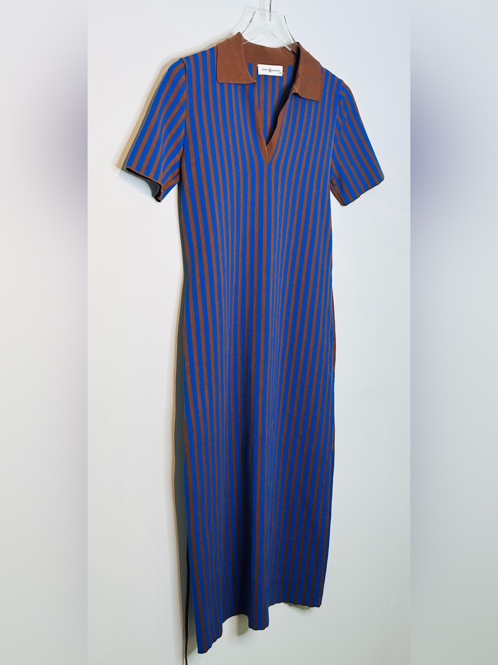 Tory Burch Chocolate Brown Soufflé Electric Blue Ink Striped Polo Midi Dress - Picture 4 of 15